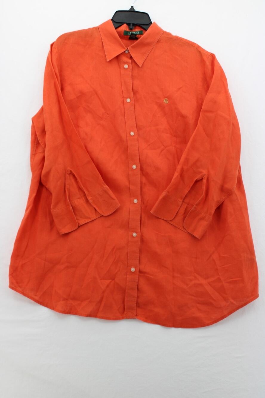 Lauren Ralph Lauren 100% Linen Orange Button-Up Top Womens Size 1X Office Summer
